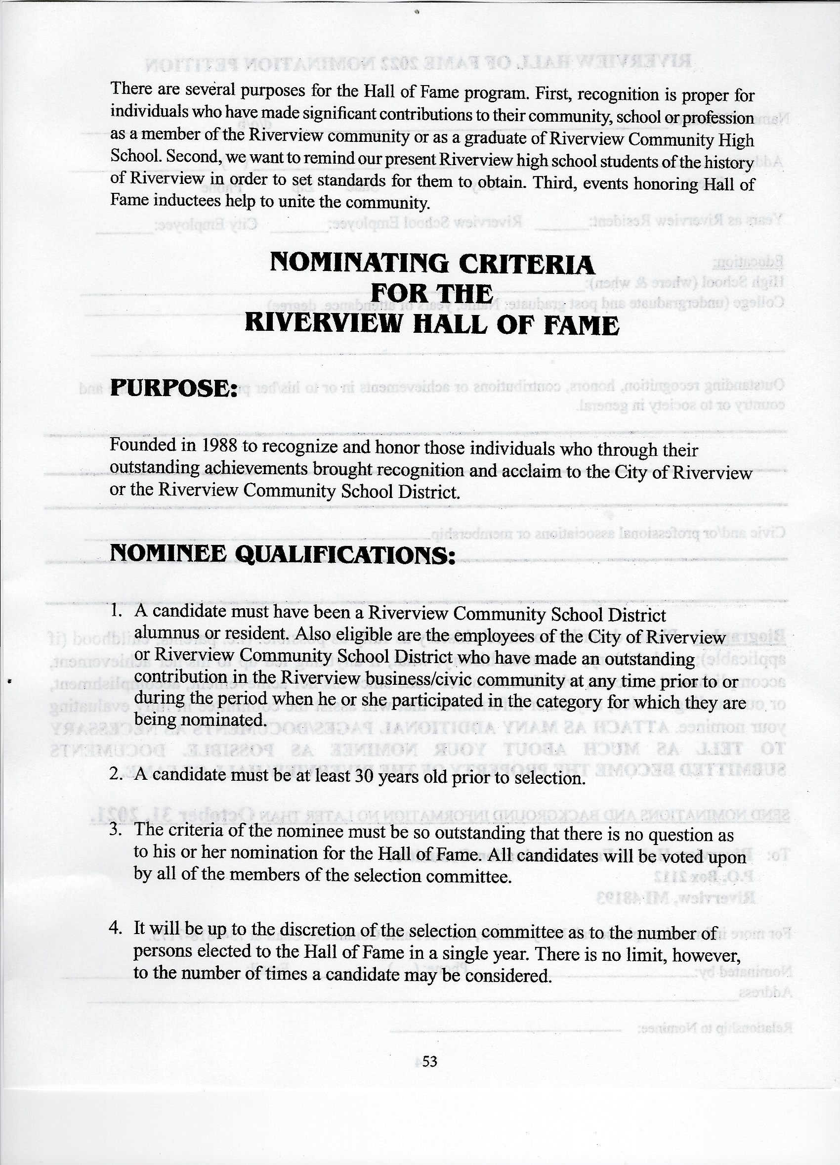 Nominating Criteria - Riverview Hall of Fame